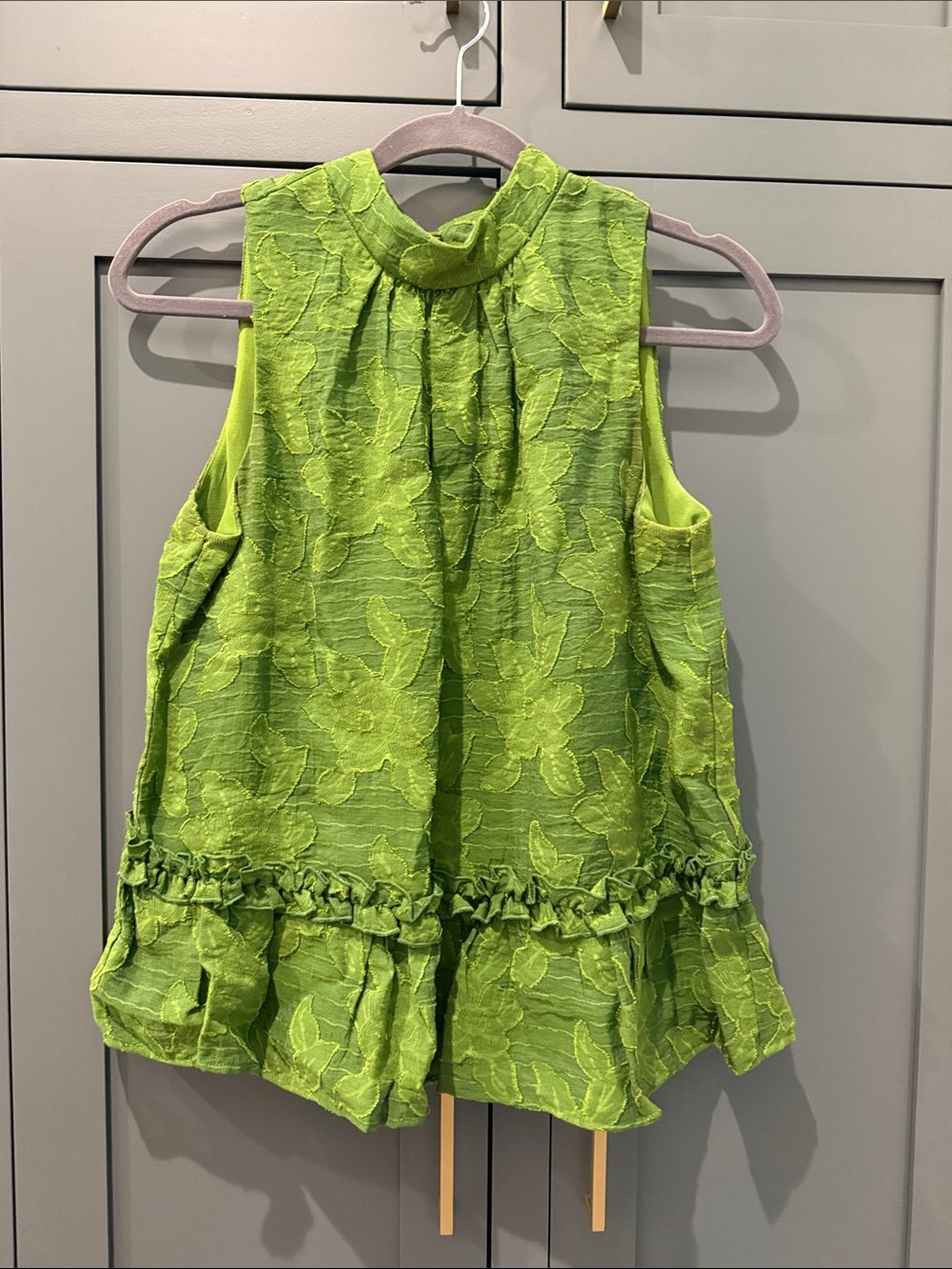 Anthropologie Neon Lime Floral Textured Ruffle Tank